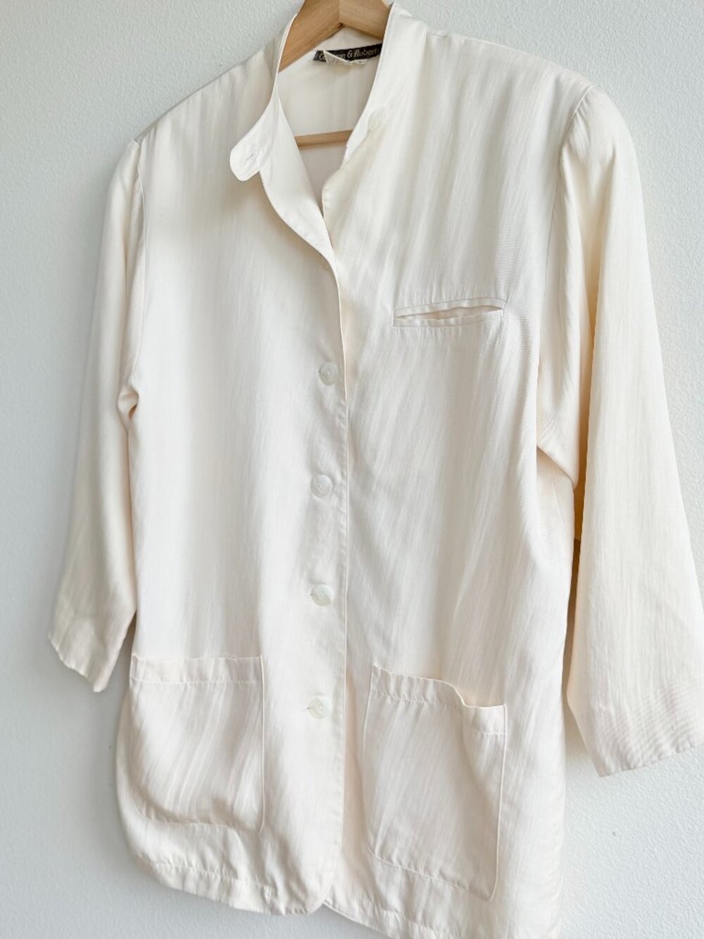 Vintage Silk Chore Jacket Cream Mandarin Collar Small Button Down Minimalist